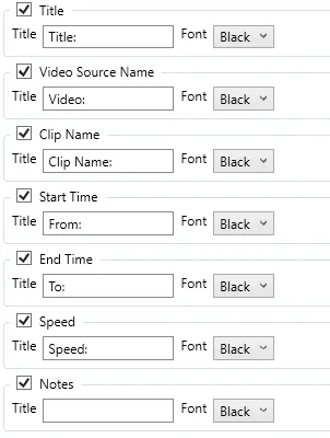 Title slide individual settings, with a checkbox, label and font colour for the title, video source name, clip name, start and end time, speed and notes.