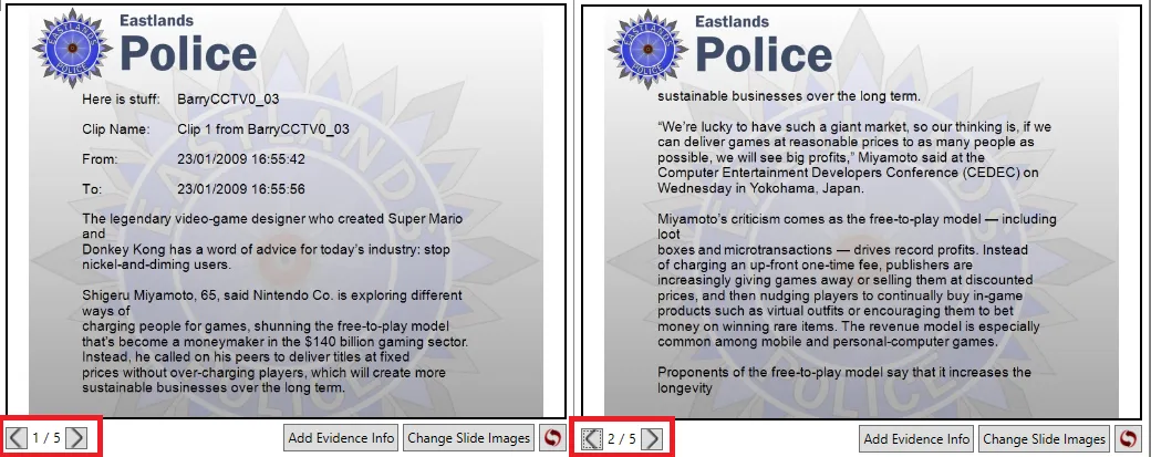 Two title slide previews showing long text flowing onto a second slide, with the slide navigation arrows highlighted.
