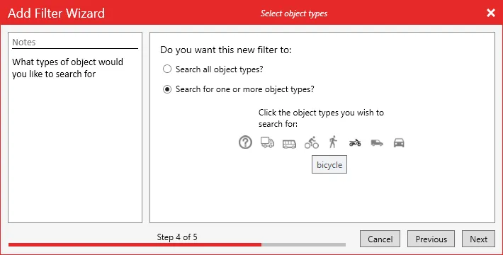 The Select object types page of the Add Filter Wizard, with icons for each object class.