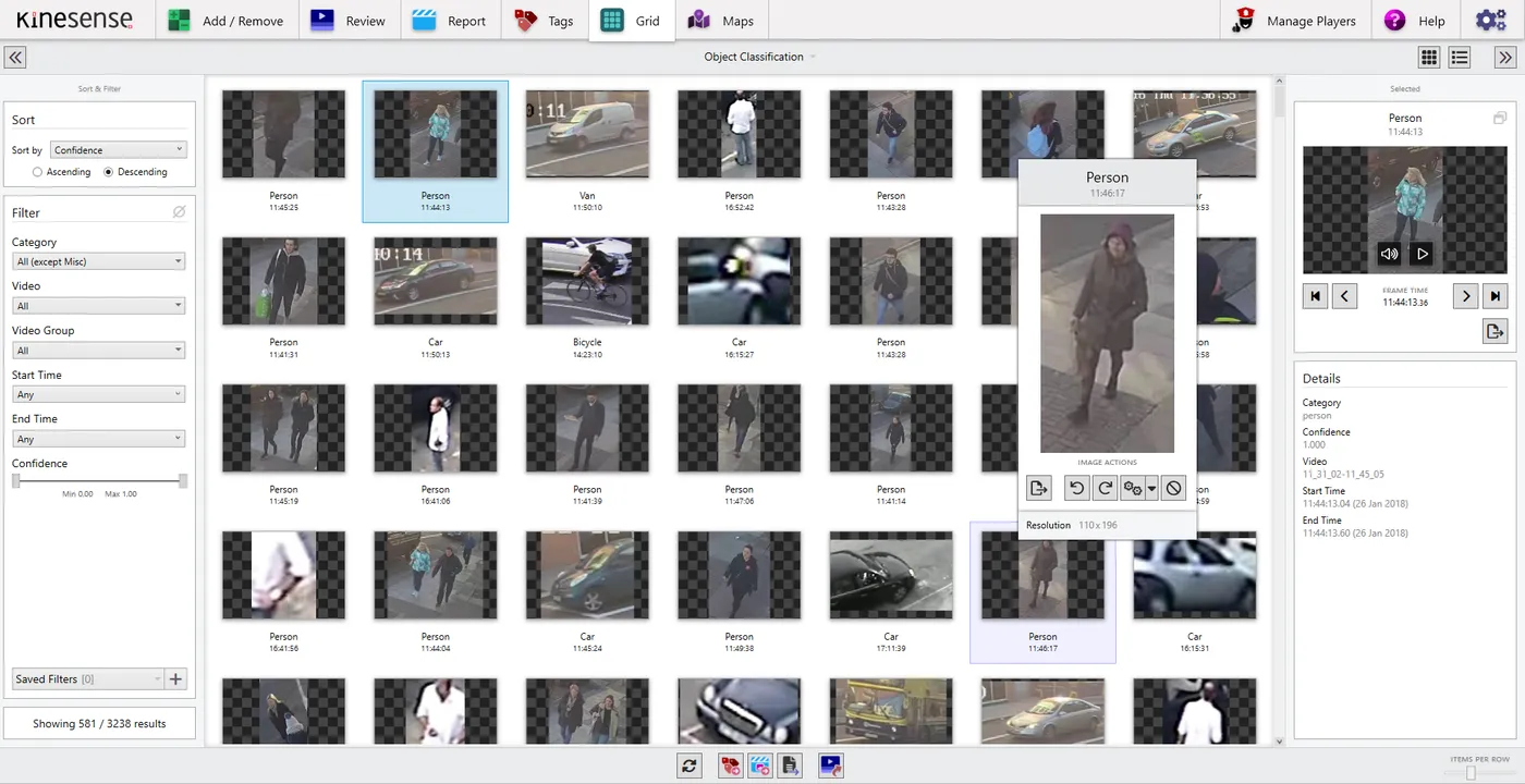 The Grid tab showing classified people, bicycles and vehicles.