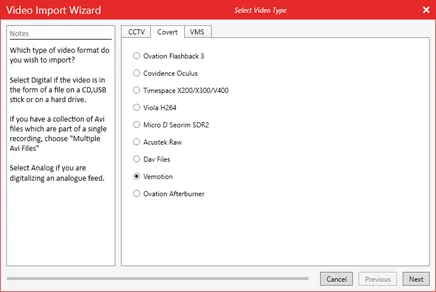 The Covert tab of the Video Import Wizard with Vemotion selected.