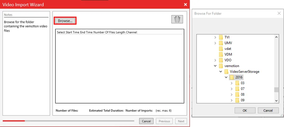 The Vemotion import page with the Browse button highlighted and a folder browser open on the video storage folder.