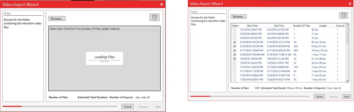 The Vemotion import page loading files, then listing groups by start time, end time, file count and channel.