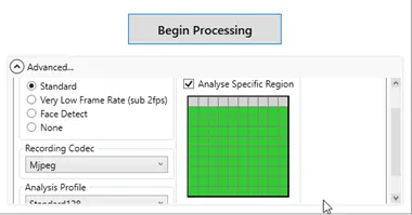 The Advanced import options with Analyse Specific Region ticked and the region grid in green.