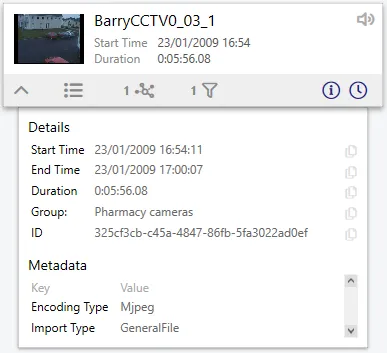 A video card with its details expanded: start and end time, duration, group, ID and metadata.