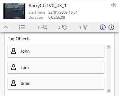 A video card with its Tag Objects list open, showing three people.