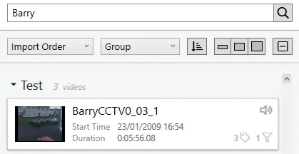 The search and order bar at the top of the video list, with a search for “Barry”.
