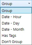 The group drop-down: Group, Date - Hour, Date - Day, Date - Month, Has Tags and Don’t Group.