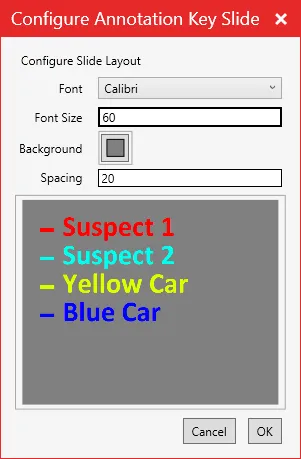 The Configure Annotation Key Slide window with font, size, background and spacing, and a preview of the key.
